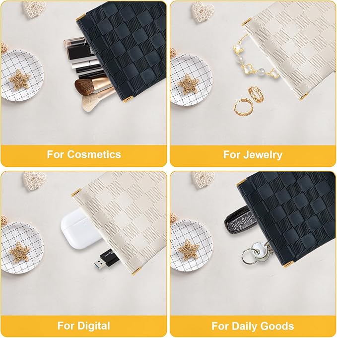 2 PCS Small Makeup Bag for Women, Small Pouches for Purse,Mini Checkered Cosmetic Bag Waterproof Pouch for Travel Storage bag, for Cosmetics Headphones Jewelry Cosmetic Lipstick Coins (Black, Beige)