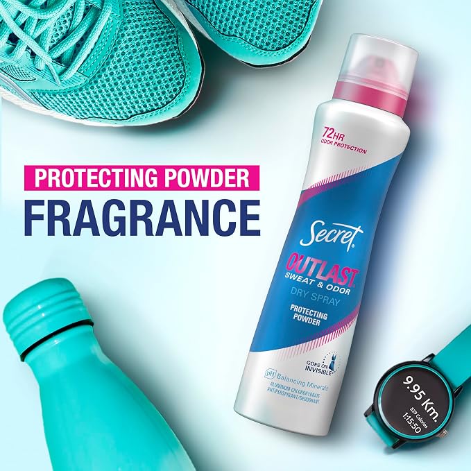 Secret Outlast Dry Spray Antiperspirant Deodorant for Women, 72hr Sweat & Odor Protection, PH Balancing Minerals, Protection Powder Scent, 4.1 oz (Pack of 3)