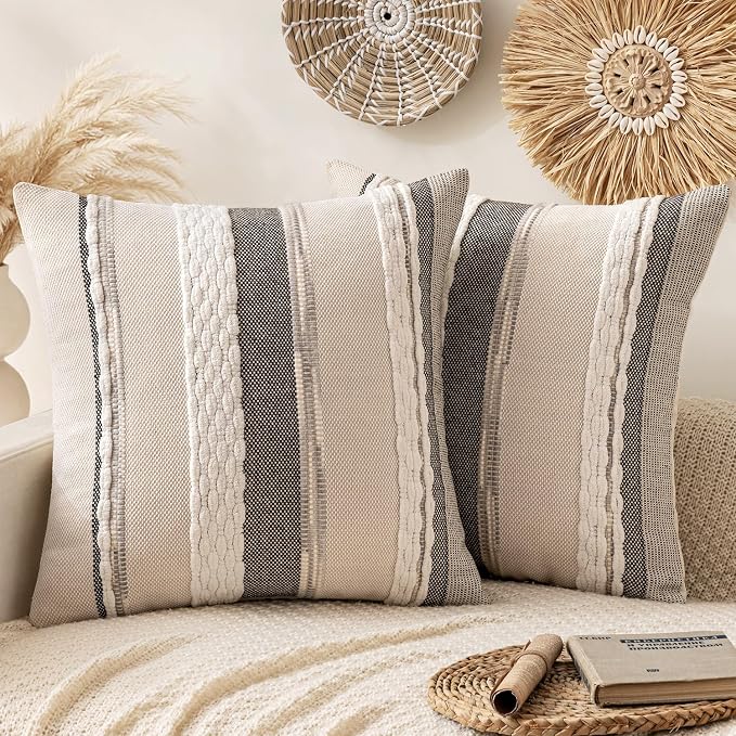 ANRODUO Boho Decorative Throw Pillow Covers White Stripe 18x18 Pack of 2 | Throw Pillow Covers, Farmhouse Cushion Case, Chenille Pillow Cases, Pillow Covers, Neutral Pillowcase for Sofa Couch Bed