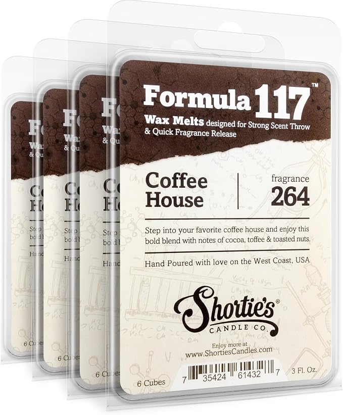 Shortie's Candle Company Coffee House Premium Wax Melts 4 Pack - 12 Oz., Strong & Long Lasting, Non-Toxic - Made with Essential & Natural Oils - Formula 117
