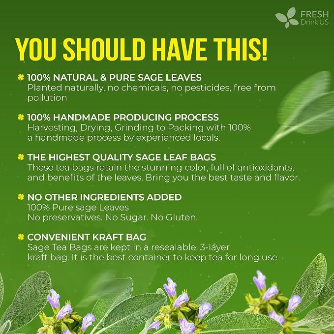 FreshDrinkUS, 75 Sage Leaf Tea Bags, 100% Natural & Pure from Sage Leaves. Loose Leaf Sage Herbal Tea. Sage Leaf Tea. Made with Natural Material Tea Bags. No Sugar, No Caffeine, No Gluten, Vegan.