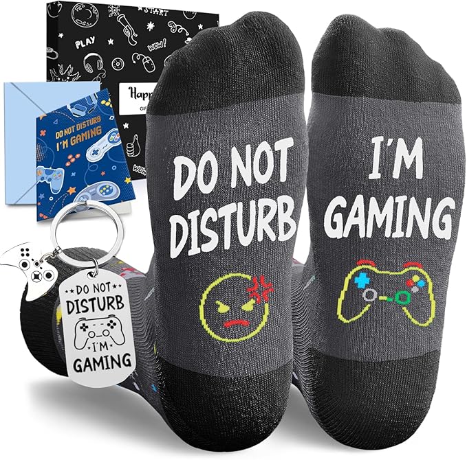 Gamer Gifts for Men - Gamer Stocking Stuffers for Teen Boys, Video Game Socks with Greeting Card and Keychain