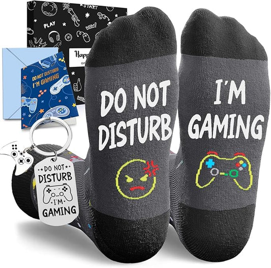 Gamer Gifts for Men - Gamer Stocking Stuffers for Teen Boys, Video Game Socks with Greeting Card and Keychain