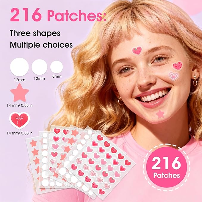 AUSLKA Star-Heart Pimple Patches for Face, Cute Zit Patches for Trip, Holiday, Dates Makeup, Mixed Shapes Zit Stickers with Salicylic Acid 216 Pcs