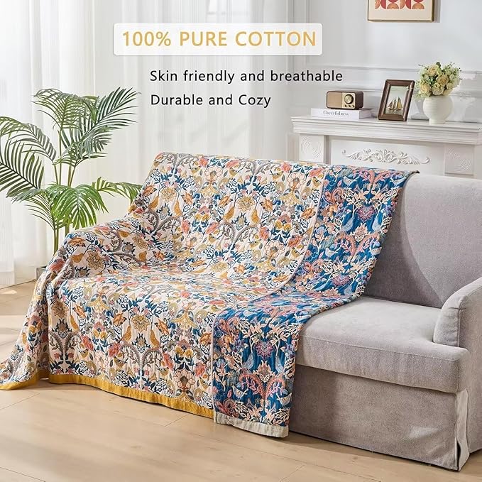 Boho Throw Blanket Farmhouse Decor Throw Blanket Bohemian Blanket for Bed 100% Cotton Muslin Woven Couch Blanket All Seasons Quilt Bedroom (A-Whiite, 80"x90")