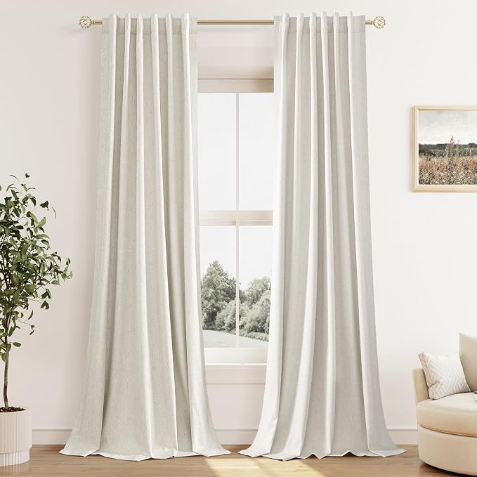 Extra Long 100% Blackout Linen Curtains for Bedroom 122 Inches Long Natural Cream Black Out Curtain Back Tab Thermal Insulated Room Darkening Window Drapes for Living Room 2 Panels Beige Ivory 52x122