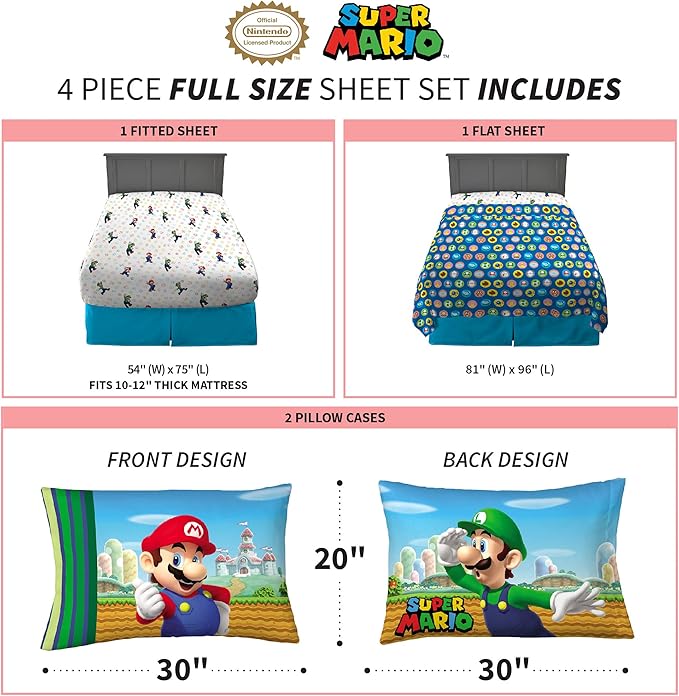 Super Mario Kids Bedding Soft Cozy Microfiber 4 Piece Full Size Sheet Set, (Officially Licensed Product) By Franco