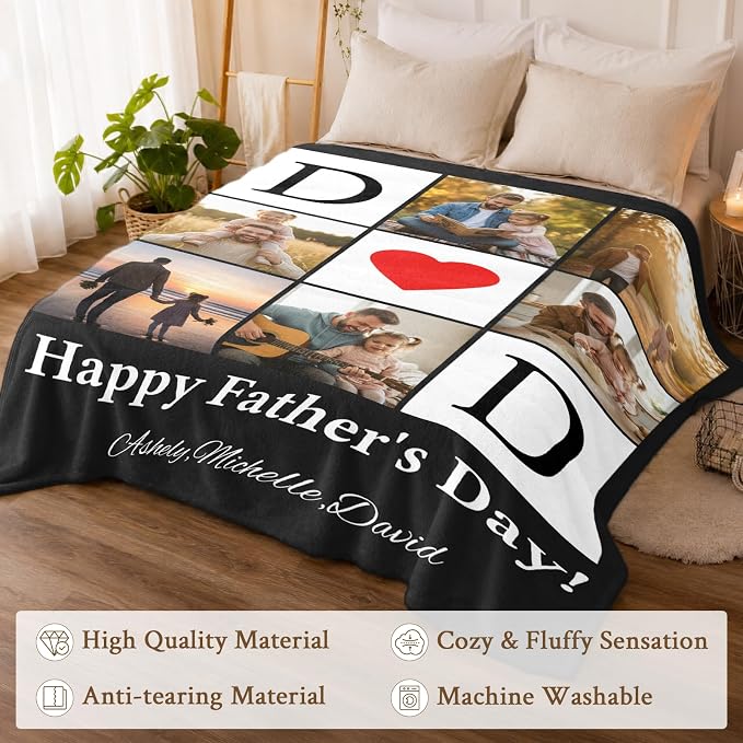 Fathers Day Birthday Gift for Dad Custom Blanket with 6 Photo & Text, Personalized Blankets with Picture to My Dad, HD Printing Customized Flannel Throw Blanket Gifts for Best Daddy Grandpa Ever