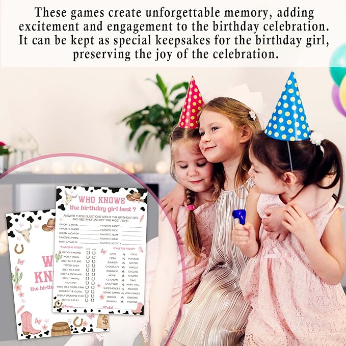 Birthday Games, Who Knows The Birthday Girl Best, 25 Cowgirl Fill-in Game Cards for Girls Sleepover Party Supplies Favors Decorations - A04