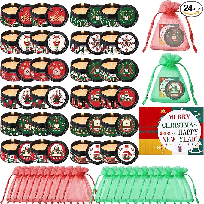 MTLEE 24 Sets Christmas Scented Soy Wax Candles Aromatherapy Candles with Organza Bag and Cards Bulk, Portable Travel Tin Candle Party Favors Christmas Gifts for New Year Home Supplies (Abstract)