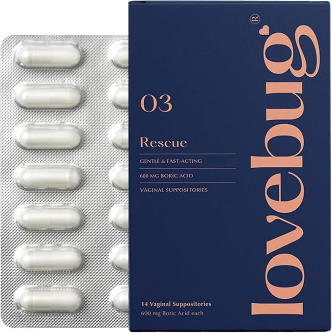 LoveBug Women's Health Rescue Vaginal Boric Acid Suppositories for Women - Fast Acting Suppository for Odor, Discharge, Yeast, and pH Balance with Coconut Oil, Hyaluronic Acid & Vitamin E, 14 ct