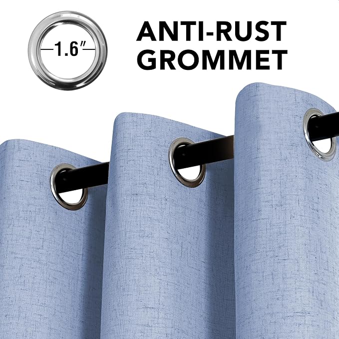 H.VERSAILTEX Linen Curtains 100% Blackout Curtains for Bedroom 96 inch Long Full Light Blocking Nature Linen Blended Window Curtains for Living Room Nickel Grommet (2 Panels, Heathered Chambray Blue)