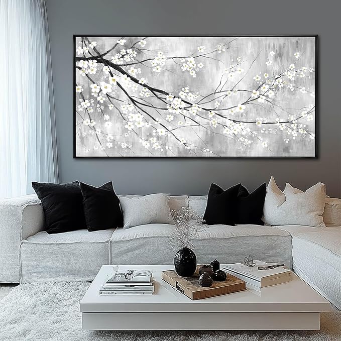 Large Black Framed Minimalist Plum Blossom Wall Art Living Room 29x58 Inch