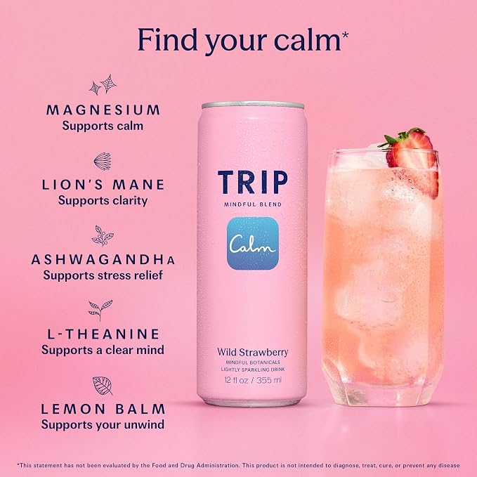TRIP Lightly Sparkling Adaptogen Drink, Non Alcoholic Drink with Magnesium, Ashwagandha, Lions Mane & L Theanine, No Added Sugar Mocktail, Vegan, Wild Strawberry, 12 Oz, 12Pk