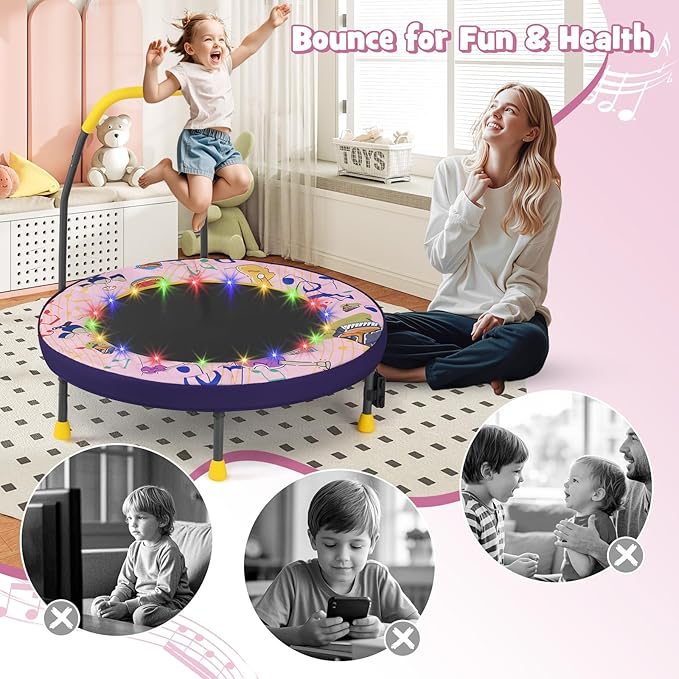 GYMAX 36” Toddler Trampoline with Lights, Folding Springless ASTM Approved Small Kids Rebounder with Foam Handle, Safety Padded Cover & Foldable Legs, Mini Indoor Baby Trampolines