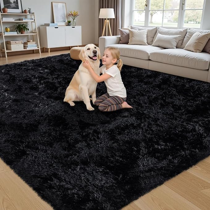 5x8 Area Rug for Living Room:Ultra Soft Fluffy Shag Black Rugs,Large Fuzzy Plush Indoor Non Slip Carpet Washable Rug for Bedroom Kids Nursery Office Dorm Modern Decor(Black 5'x8')