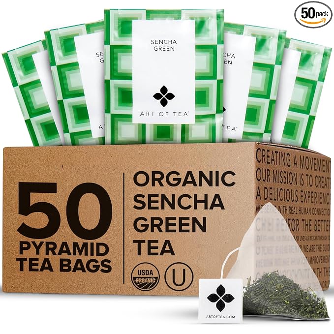 Art of Tea | Organic Sencha Green Tea Bags | 50 Pyramid Tea Bag Sachets