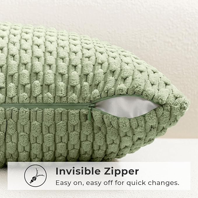Kevin Textile Soft Corduroy 12"x24" Lumbar Pillow Cover 1 Pack, Sage Green | Boho Stripe Plush Corduroy Decorative Oblong Cushion Cover Modern Farmhouse Home Decor for Sofa Couch Bed Chair