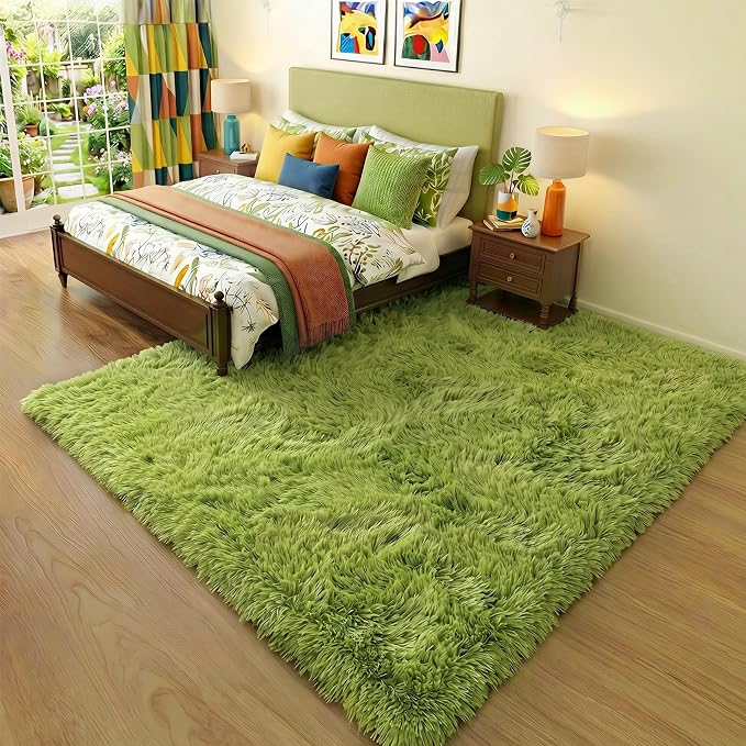 Amdrebio Grass Green Area Rugs 8x10 for Living Room Bedroom, Large Shag Fluffy Plush Rugs for Kids Room Baby Nursery Decor, Moss Fuzzy Fur Modern Floor Rug for Teen Boys, Shaggy Fuzzy Cool Big Carpet