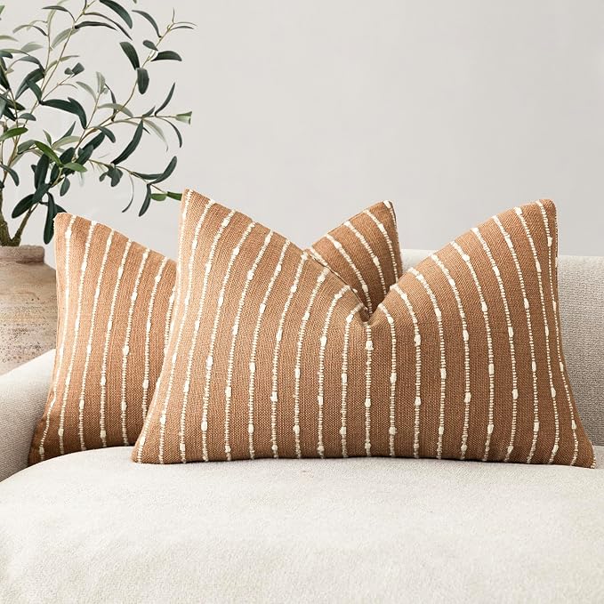 Foindtower Pack of 2 Decorative Jacquard Boucle Lumbar Throw Pillow Covers Accent Textured Striped Pillowcases Cozy Boho Cushion for Couch Sofa Bedroom Living Room Home Decor 12x20 Inch Rust Tobacco