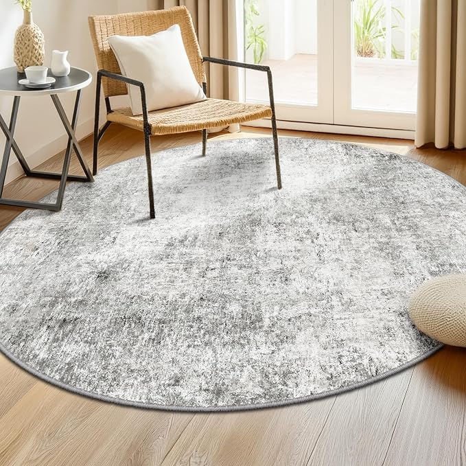 RELEANY Washable Round 6ft Area Rug for Living Room Gray White | carpet for bedroom, kitchen, office, hallway and entryway, printed pattern, non-slip, soft, stain-resistant, easy to clean