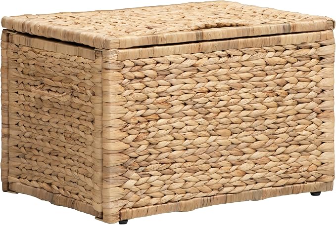 Storage Trunk with Metal Frame, Natural, 20.5 by 14.8 by 13.4 Inches | Safety Hinge, Heavy-duty Wicker Chest, Handwoven Water Hyacinth