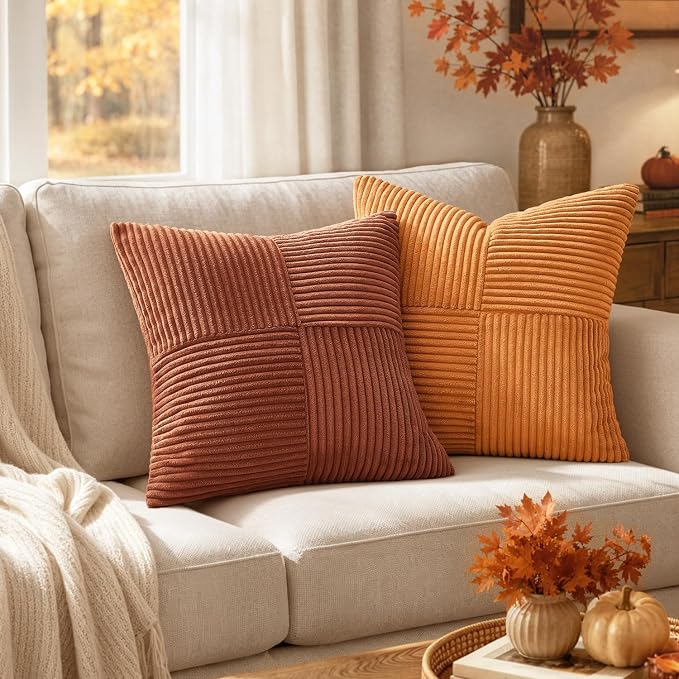 MIULEE Fall Rust Boho Decorative Throw Pillow Covers for Couch 20x20 Inch | 2 Pack, Boho Farmhouse Pillow Covers, Soft Cross Corduroy Patchwork Textured Cushion Cases For Bed Sofa