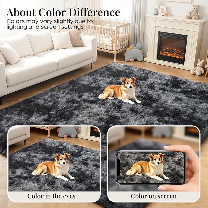 8x10 Area Rugs for Living Room Bedroom: Black Grey Soft Fluffy Shag Upgrade Non-Slip High Pile Carpet Large Fuzzy Plush Indoor Floor Decor Shaggy Rug for Kid Boys Girls Playroom Nursery Modern Home