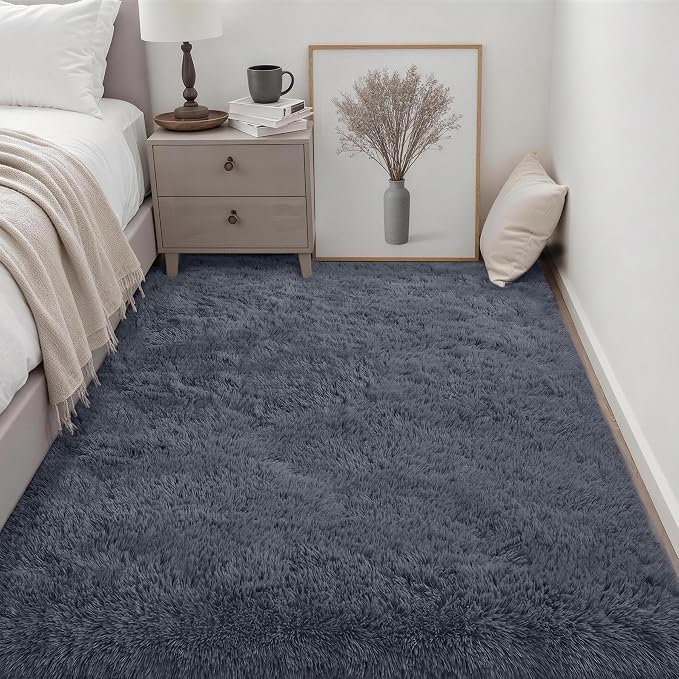 Fluffy 4x6 Area Rugs for Living Room Bedroom: Ultra Soft Shag Rug Non-Slip Non-Shedding Small Plush Bedside Rug Indoor Floor Carpets for Kids Room Playroom Entryway Nursery Dorms Home Decor Grey