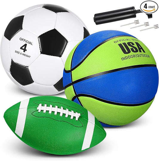 Libima 3 Pcs Sports Ball Set for Kids Teens Include Official Size 5 Basketball 4 Soccer 6 Football with Pump and Carry Bag Training Practice Sport Gift for Kids Teens Back to School