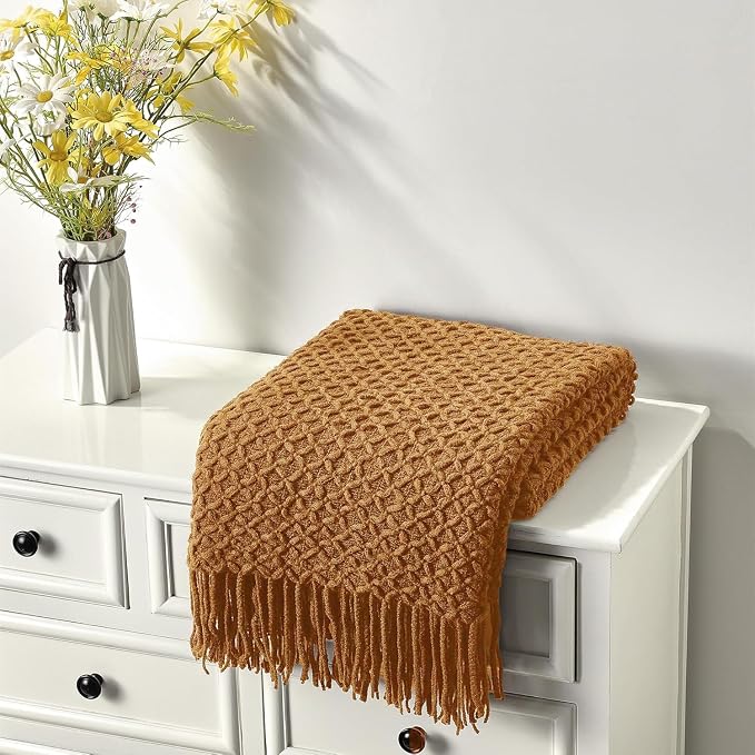 CREVENT Farmhouse Boho Knitted Throw Blanket for Couch Sofa Chair Bed Home Decoration, Soft Warm Cozy Light Weight for Spring Summer Fall (50''X60'' Light Brown)