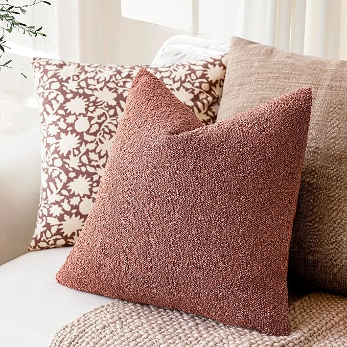 Foindtower Pack of 2 Textured Boucle Throw Pillow Covers Accent Solid Decorative Pillow Cases Cozy Woven Couch Cushion Case for Sofa Bedroom Living Room Home Decor 20x20 Inch Orange Rust Red