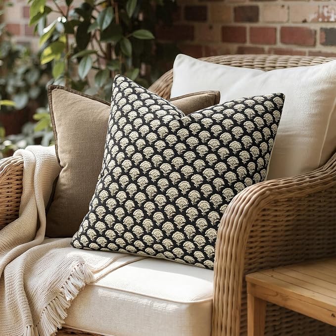 MIULEE Floral Print Decorative Pillow Covers 18x18, Black Gold | Vintage Boho Farmhouse Modern Home Decor, Set of 2, Block Print Cushion Covers for Couch Sofa Bed Living Room