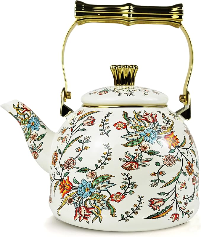 Vintage Enamel Tea Kettle Boho Floral Stovetop Teapot 2.5L Colorful Bohemian Enamel Kettle Kitchen Decor Hot Water Coffee Pot with Gold Handle