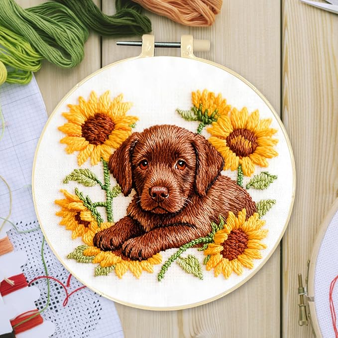 Embroidery Kit for Beginners Adults Labrador 11.4 * 11.4inch Stamped Cross Stitch Kits Needlepoint Starter Set with Embroidery Hoop, Color Threads, Needles and Instructions, Stitches Kit