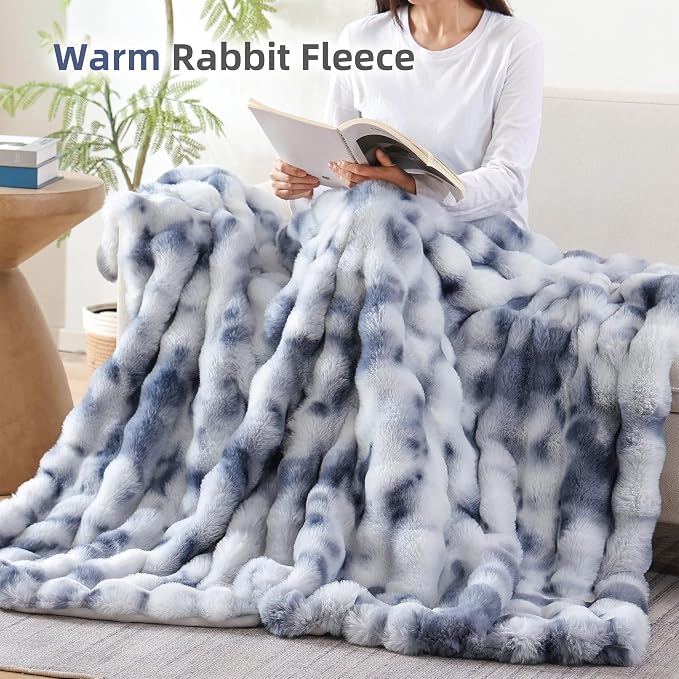 Faux Fur Throw for Couch - Tie-dye Blue Bubble Blanket 60"x80" | Fluffy Plush Fuzzy Throw for Sofa & Bed, Super Soft Cozy Comfrt Blanket, Luxury Aesthetic Blue Decor Gift for Women