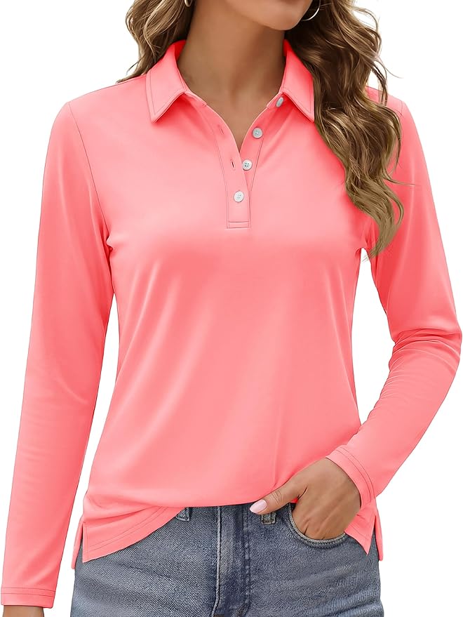 MAGCOMSEN Long Sleeve Polo Shirts for Women Golf Tops with Collar Work | UPF 50+ Sun Protection, 4 Buttons, Moisture Wicking, Breathable, 4-Way Stretch, Collared, Quick Dry, Active, Casual, Tennis