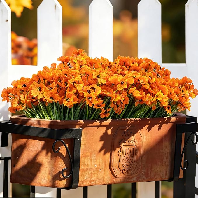 ColoPlay Artificial Mums for Outdoors, 24 Bundles Fake Flowers Fall Decor | Fake Fall Flowers Faux Mums for Outdoor Planters, UV Resistant Artificial Plants for Home Garden Porch Farmhouse(Orange)