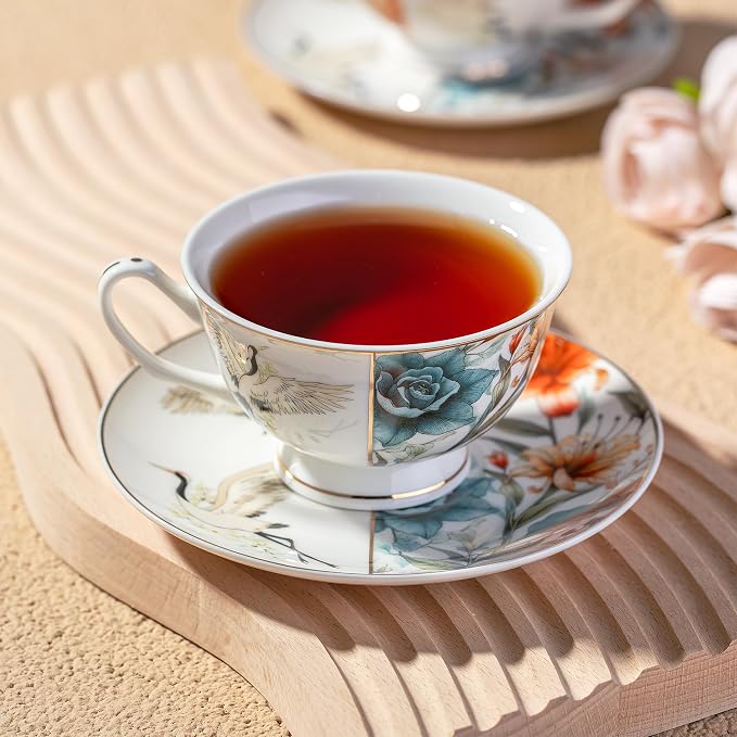 BTaT- Floral Tea Cups and Saucers Set of 4 (8 oz), Porcelain Tea Cup Sets with Gold Trim, Dishwasher & Freezer Safe