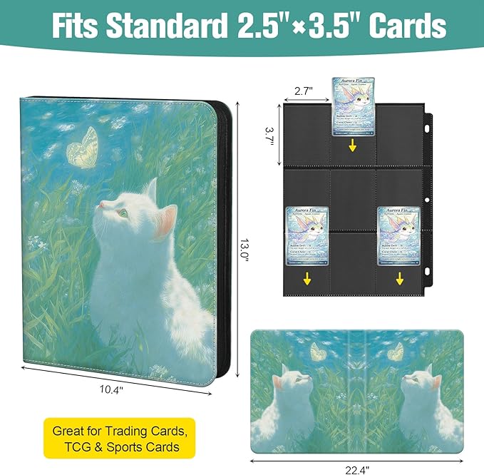 TCG Trading Card Binder, 900 Pockets, 3-Ring Zipper with 50 Double-Sided 9-Pocket Pages, Fits 2.5" x 3.5" Cards, Acid-Free PVC-Free PP Pages, PU Cover, White Cat & Butterfly Design
