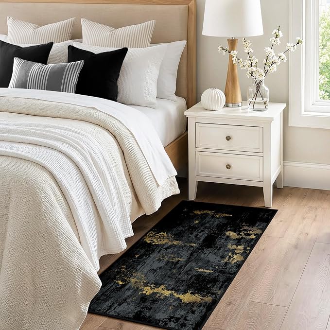 RELEANY Washable 2'x4' Abstract Area Rug for Living Room Black Gold | carpet for bedroom, kitchen, office, hallway and entryway, printed pattern, non-slip, soft, stain-resistant, easy to clean