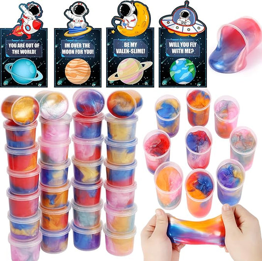 28 Pack Valentines Day Gifts for Kids School Classroom - Galaxy Slime Stress Relief Fidget Toys with Valentines Day Cards, School Classroom Exchange, Valentines Class Party Favors