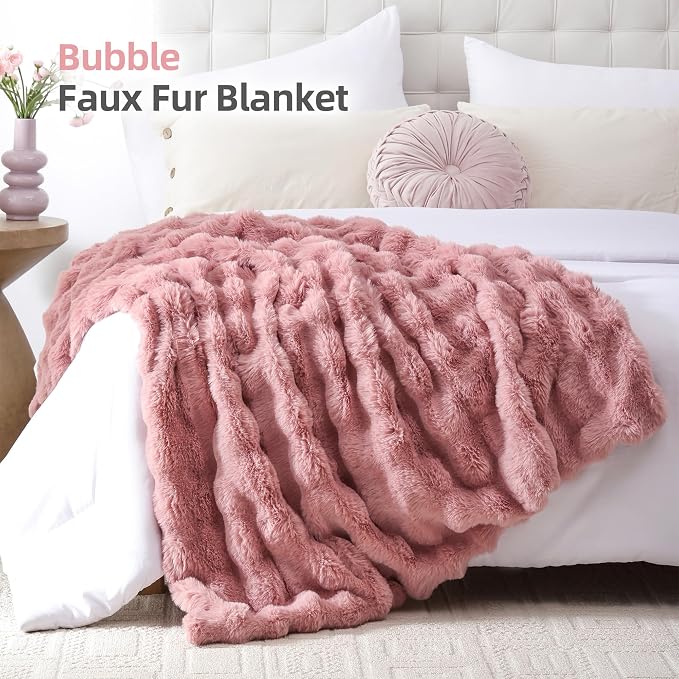 Faux Rabbit Fur Throw for Couch - Old Pink Bubble Blanket 60"x80" | Fluffy Plush Fuzzy Throw for Sofa & Bed, Super Soft Cozy Comfrt Blanket, Luxury Aesthetic Pink Decor Gift for Women