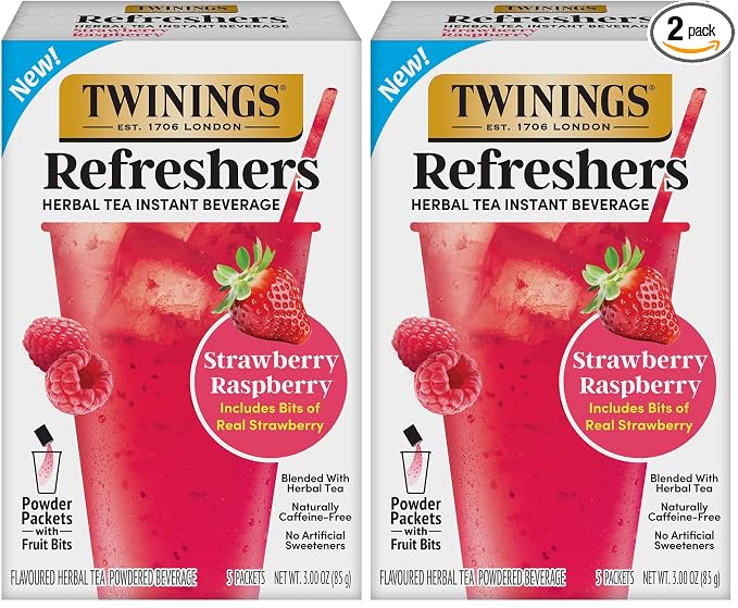 NEW Twinings Strawberry Raspberry Refreshers, Herbal Tea Instant Beverage with Real Strawberry Fruit Bits, 5 Count (Pack of 2), Café Style, No Artificial Sweeteners, Naturally Caffeine-Free, 5 Packets