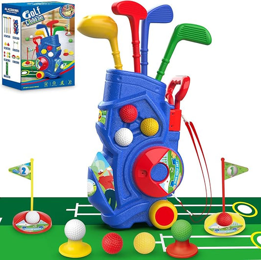 Toddler Golf Set, Kids Golf Clubs with Putting Mat, Toys for Boys 3 4 5+ Years Old, Sports Golf Toys with 4 Clubs, 8 Balls, 2 Practice Holes, Shoulder Strap, 20 PCS, Blue (LE-W-GOLF-BOY)