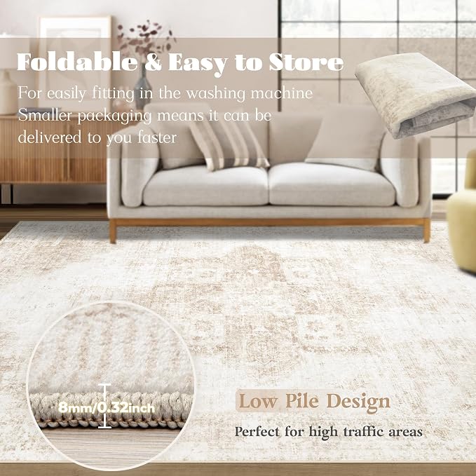 Area Rug 9x12 Washable Rug, Vintage Boho Medallion Rugs Non-Slip Soft Low Pile Large Distressed Rug Indoor Retro Carpet for Living Room Bedroom Dining Room Home Office (Beige, 9'x12')