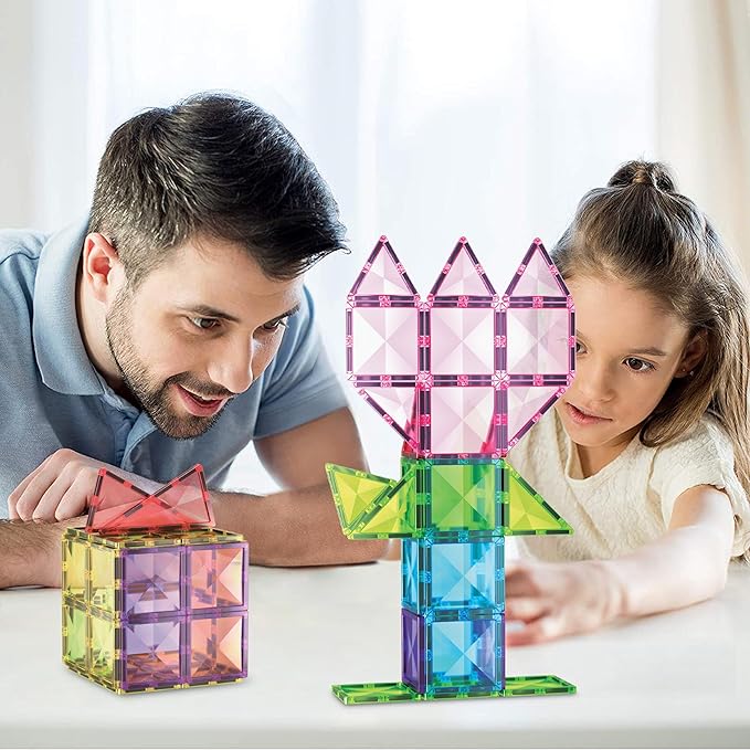 PicassoTiles 63 Piece Magnetic Building Block Construction Toy Set Diamond Magnet Tile Blocks with Car Truck STEM Learning Kit Early Education Builder Playset Toys for Children Toddler Boy Girl Age 3+