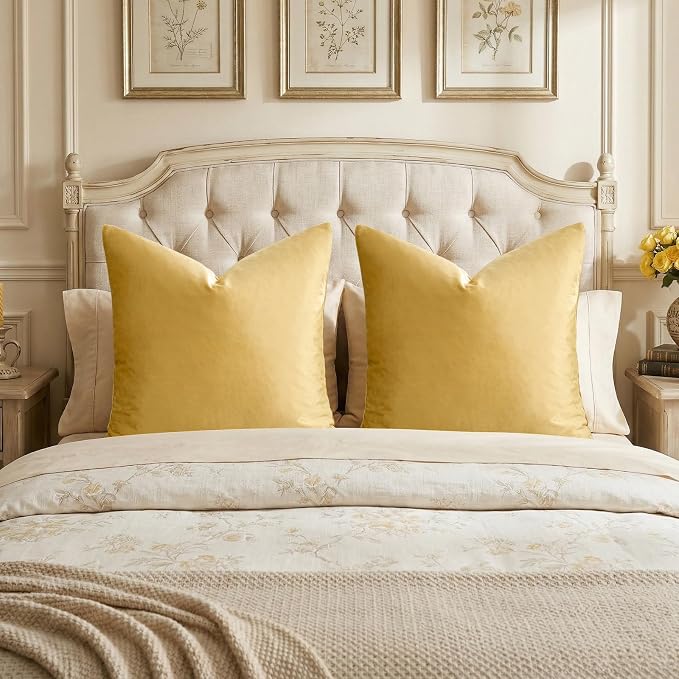 GIGIZAZA Yellow Velvet Pillow Covers 26x26 Decorative Pillows Pack of 2 | Throw Pillows for Couch,Euro Sham,280gsm Soft Textured Fabric,Modern Pillowcases,Luxury Cushion Covers