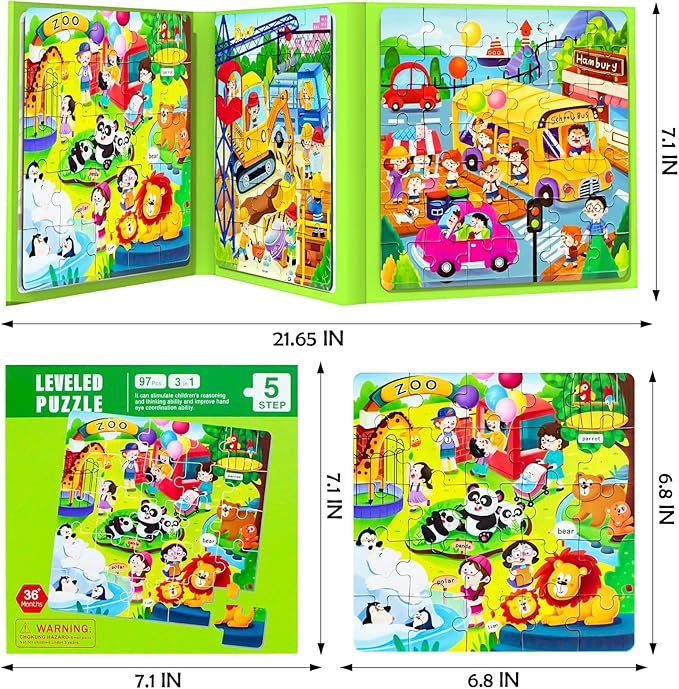 Magnetic Puzzles for Kids Ages 4-8, 3 in 1 Cartoon Jigsaw Puzzle Book, Toddlers Travel Puzzles Toys, Preschool Learning Toy for Children 3-8 Year (Green Zoo)