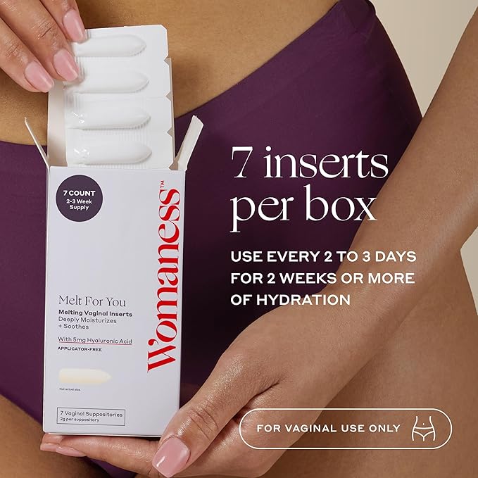 Womaness Melt for You Vaginal Moisturizing Suppositories for Dryness Relief, Hormone-Free Hyaluronic Acid Vaginal Inserts, Applicator-Free Melting Formula, 7 Count